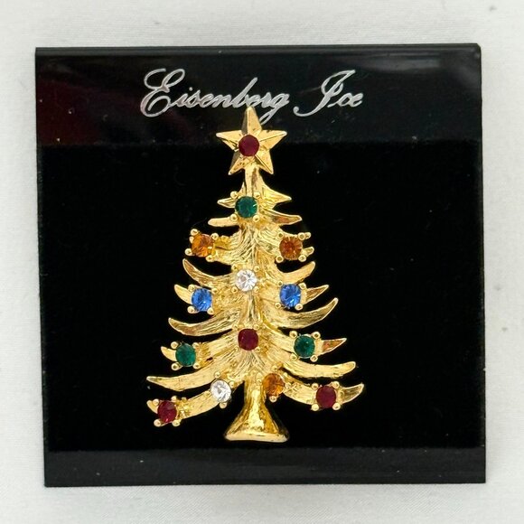 Vintage Eisenberg Ice Christmas Tree Gold-Tone Brooch w/Rhinestones - Picture 2 of 6